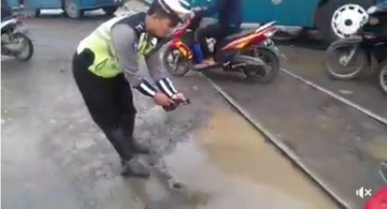 Taruh ikan lele di jalan berlubang yang digenangi air aksi protes polisi ini viral