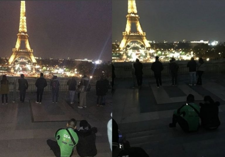 Foto pria berjaket ojek online nongkrong di dekat Menara Eiffel ini viral Gojek iam in love