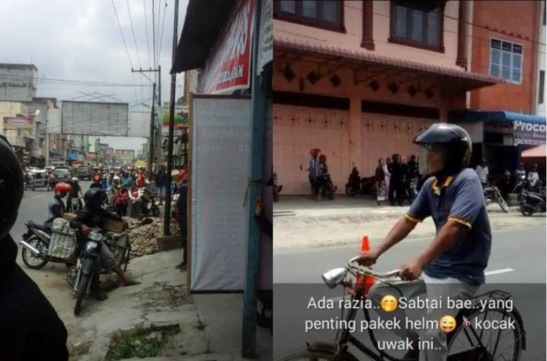 Disaat para pemotor takut melintas karena ada razia bapak ini dengan santainya melaju sing penting pake helm