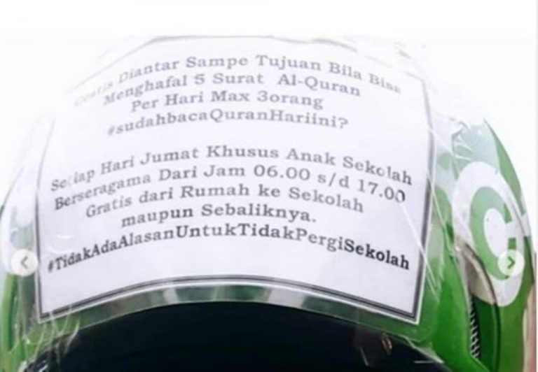 Gratiskan ongkos bagi pelajar dan penumpang yang hafal 5 surat Al Quran aksi driver ojol ini dibanjiri pujian