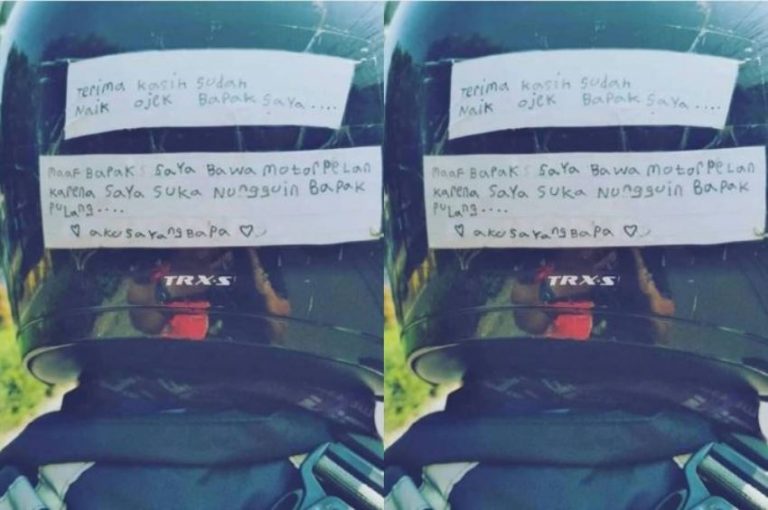 Pesan manis dari sang anak di helm driver ojol ini bikin terharu warganet