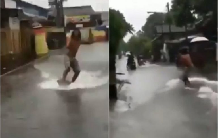 Viral video pria surfing saat banjir aksinya absurd abis